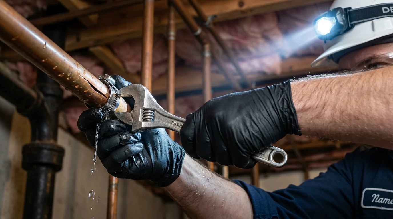 Emergency pipe clamp repair being performed by a Johns Plumbing LLC plumber in Campton