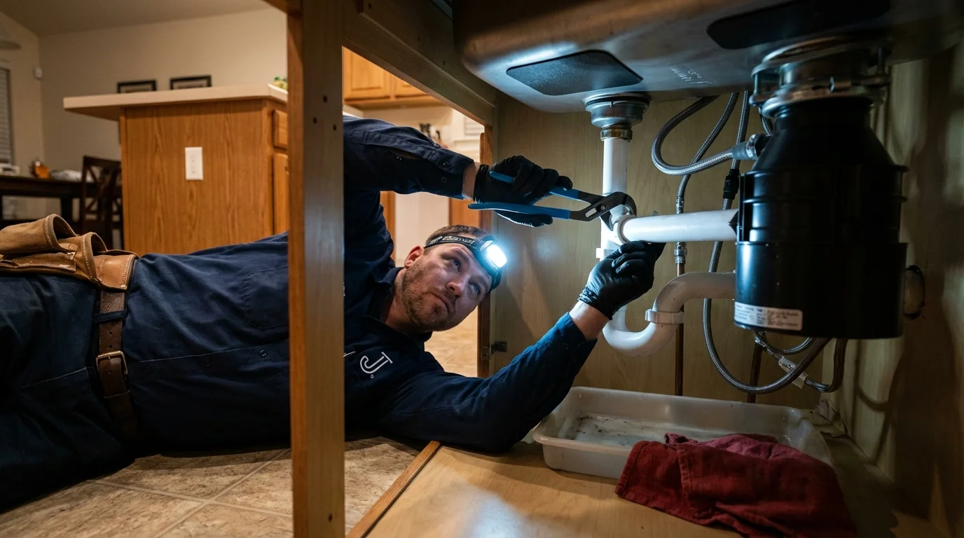 P-trap and supply line connections under a kitchen sink showing a common leak point in Campton, KY